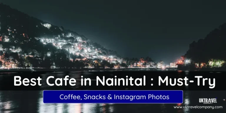 Night view of Nainital city lights reflected on the lake with a banner text reading “Best Cafe in Nainital: Must-Try Coffee, Snacks & Instagram Photos.”
