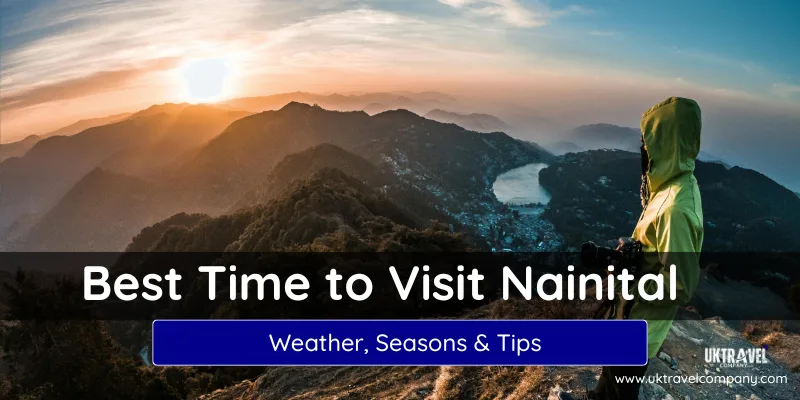 Traveller standing on a mountain viewpoint overlooking Nainital’s lakes and hills during sunrise with the banner text “Best Time to Visit Nainital – Weather, Seasons & Tips.”