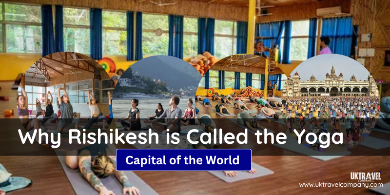 Rishikesh, the Yoga Capital of the World, with the Ganges River, temples, and yoga practitioners by the riverside.