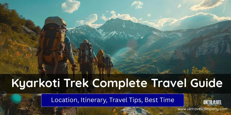 Group of trekkers walking through alpine meadows toward snow-covered mountains during the Kyarkoti Trek in Uttarakhand