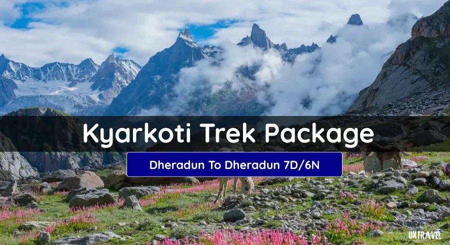 Kyarkoti Trek Package banner showing alpine meadows, rocky trails, and Himalayan mountain peaks.
