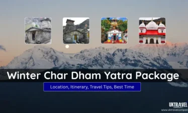 Winter Char Dham Yatra Package featuring winter abodes of Kedarnath, Badrinath, Gangotri, and Yamunotri with Himalayan background.