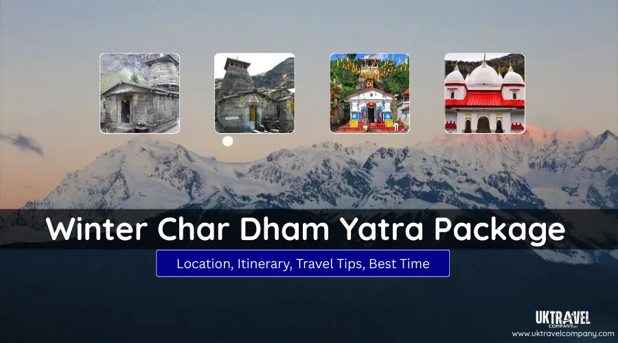 Winter Char Dham Yatra Package featuring winter abodes of Kedarnath, Badrinath, Gangotri, and Yamunotri with Himalayan background.